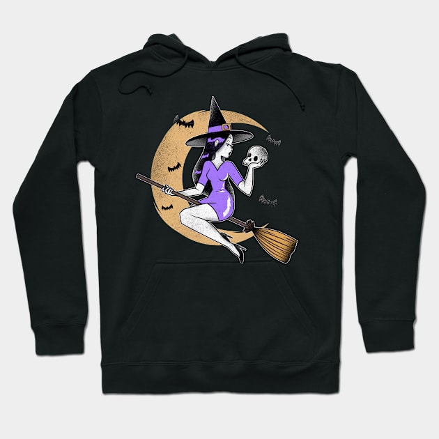 Halloween witch flying on broom Hoodie by Biddie Gander Designs